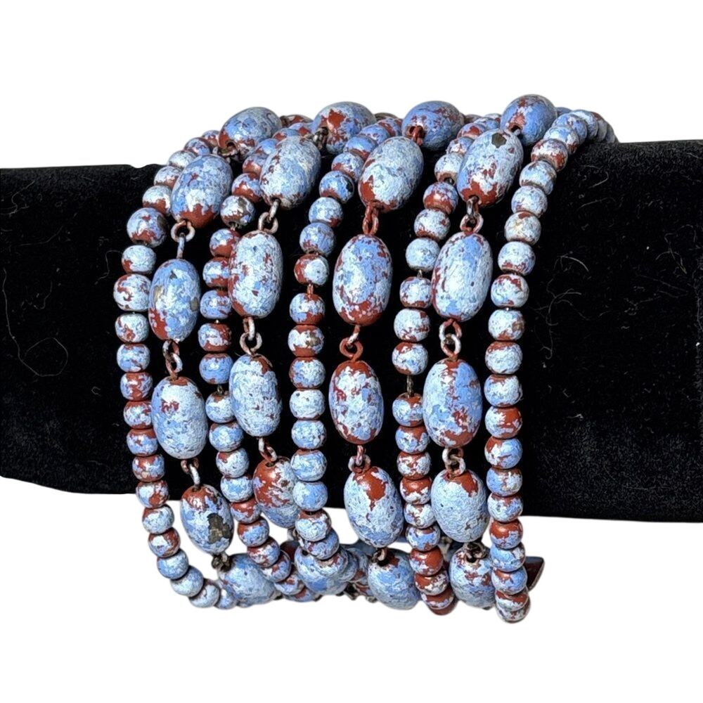 Vintage Blue Brown Distressed Metal Bead Multi Strand Bracelet Wide Cuff Boho